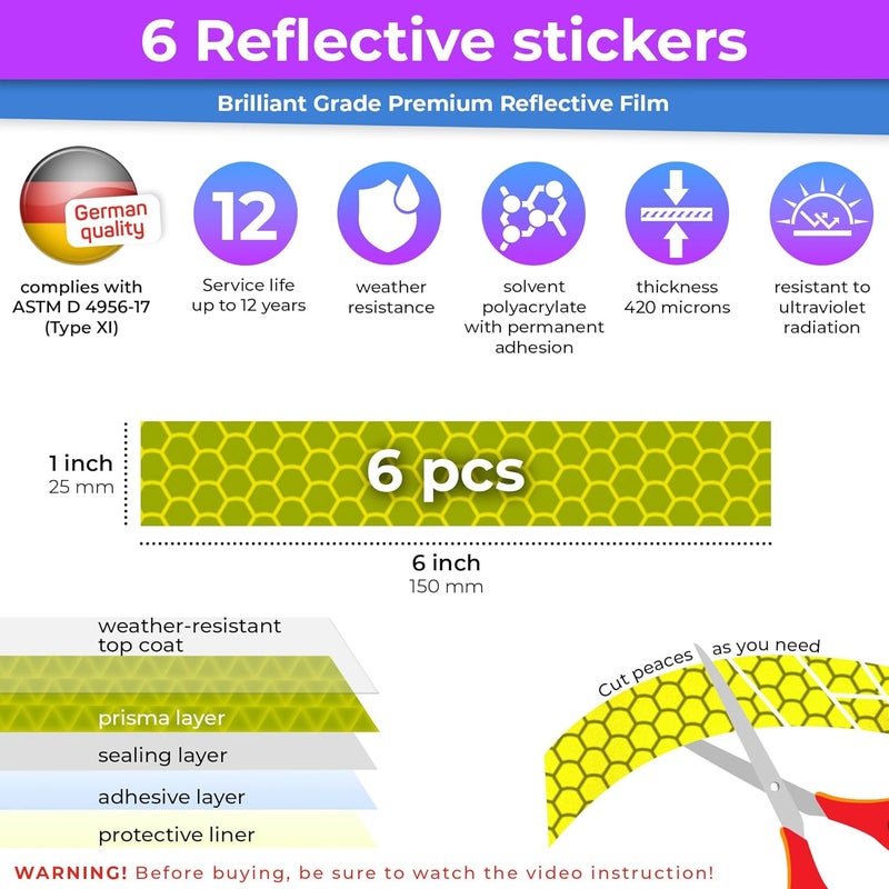Loom Reflective Stickers for Helmet | 6pcs Brilliant Flur YLW-grn| Similar to 3M Reflective Tape | Bike Reflectors for Night Riding, Mailbox reflectors | Waterproof hi vis Decals for Car, Trailer - Image 3
